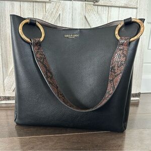 Luella Grey London Isadora Hobo Tote Black Snake Skin Handle‎ Gold Accents